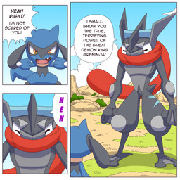 ambiguous_gender anthro blue_body blue_fur dialogue duo fur long_tongue open_mouth tail text tongue tongue_out ragster_(artist) nintendo pokemon amphibian generation_4_pokemon generation_6_pokemon greninja mammal pokemon_(species) riolu shiny_pokemon 1:1 comic english_text hi_res