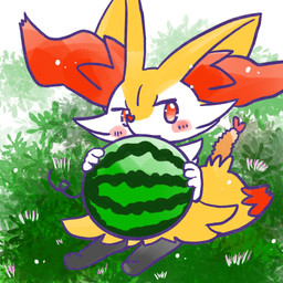 ambiguous_anthro ambiguous_gender anthro biped blush blush_stickers dipstick_tail food front_view fruit grass holding_food holding_fruit holding_melon holding_object holding_watermelon looking_at_viewer markings melon no_pupils object_in_tail plant shrimp_(food) simple_background sitting snout solo tail tail_markings watermelon annyui0611 nintendo pokemon braixen canid generation_6_pokemon mammal pokemon_(species) 1:1 2024 digital_drawing_(artwork) digital_media_(artwork) full-length_portrait hi_res japanese_description portrait translated_description