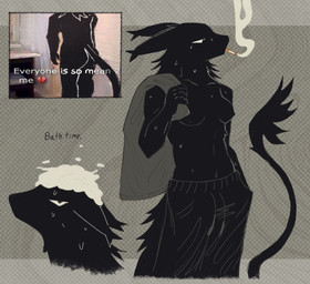 abstract_background anthro bath black_bottomwear black_clothing black_pants black_tail bottomwear butt cigarette cigarette_in_mouth clothed clothed_anthro clothed_female clothing female female_anthro nipples object_in_mouth pants pants_only smoking soapy solo tail tail_tuft text topless topless_anthro topless_female tuft wet spinelessfill3t unknown_species 2025 english_text hi_res meme multiple_images portrait three-quarter_portrait
