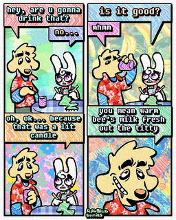 4_panel_comic aloha_shirt anthro bow_tie cheek_spots clothing dialogue duo floppy_ears fur grin half-closed_eyes humor knitting knitting_needle male narrowed_eyes overalls pattern_clothing pattern_shirt pattern_topwear shirt smile speech_bubble teeth text tooth_gap topwear white_body white_fur wide_eyed yellow_body yellow_fur rawdawgcomics bingus_(rawdawgcomics) stahli_(rawdawgcomics) bird_dog canid canine canis domestic_dog golden_retriever hunting_dog lagomorph leporid mammal rabbit retriever 4:5 comic english_text hi_res