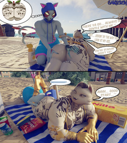 5_fingers anthro beach beach_towel beverage_can bikini black_hair blue_clothing blue_swimming_trunks blue_swimwear butt_sniffing cheek_tuft chip_bag clothing cybernetic_hand cybernetics dialogue duo facial_tuft fangs fingers forked_tail fur fur_tuft furgonomic_headwear furgonomic_hood furgonomics gold_body hair hand_on_another's_butt hand_on_butt hood looking_at_another's_butt looking_at_butt machine male male/male nipples notched_ear open_mouth open_smile pecs pink_inner_ear sand sky smile sniffing speech_bubble sunscreen swimming_trunks swimwear tail tail_around_arm tattoo teeth text thought_bubble towel tuft two-piece_swimsuit unusual_anatomy unusual_tail whiskers white_body white_fur yellow_eyes camseven asian_mythology coca-cola doritos east_asian_mythology epic_games fortnite frito-lay japanese_mythology mythology nabisco nilla_wafers sprite_(soda) meowdas nyanja_(fortnite) domestic_cat felid feline felis mammal nekomata yokai 3d_(artwork) comic digital_media_(artwork) english_text hi_res