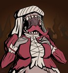 breasts clothed clothing eyeless female hand_on_breast hat headgear headwear long_tongue nightmare_fuel not_furry open_mouth solo tongue torn_clothing mizmage darkest_dungeon plague_eater_lady humanoid monster monstrous_humanoid plague_eater digital_media_(artwork) half-length_portrait portrait