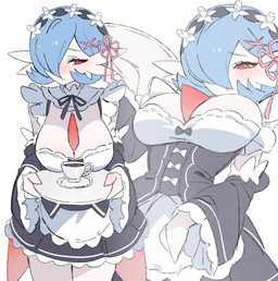 blue_hair blush breasts clothing cosplay female hair looking_at_viewer looking_away low-angle_view maid_headdress maid_uniform red_eyes serving_beverage serving_tray solo uniform chunniwa nintendo pokemon re:zero rem_(re:zero) gardevoir generation_3_pokemon humanoid pokemon_(species) hi_res