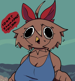 anthro beach beak big_breasts black_text blue_clothing blue_topwear breasts brown_body brown_hair clothing female female_anthro freckled_face freckles hair huge_breasts non-mammal_breasts outside seaside solo speech_bubble text topwear xarop77 petra_(xarop77) avian bird chicken galliform phasianid 2023