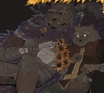 anthro armor black_sclera blush brooch cape clothing duo fangs flower fur_cape fur_clothing male male/male plant scar smile sunflower teeth quetza elden_ring fromsoftware blaidd_(elden_ring) canid canine canis mammal wolf absurd_res hi_res