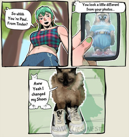 blush cellphone clothing colored_nails crop_top dialogue duo electronics female feral fingernails footwear green_fingernails green_hair green_nails hair holding_object holding_phone midriff nails navel open_mouth outside phone plant red_nose shirt sleeveless_clothing smartphone text topwear tree white_clothing white_footwear nellies_nest domestic_cat felid feline felis human mammal absurd_res comic english_text hi_res