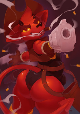 anthro butt cigar clothing cowboy_hat fur gloves gun handgun handwear hat headgear headwear kerchief leotard male neckerchief neckwear pistol ranged_weapon red_body red_eyes red_fur short_stack smoking solo spade_tail tail topwear vest weapon yellow_sclera xyder kings_of_hell gremile_'hotshot' demon imp absurd_res hi_res