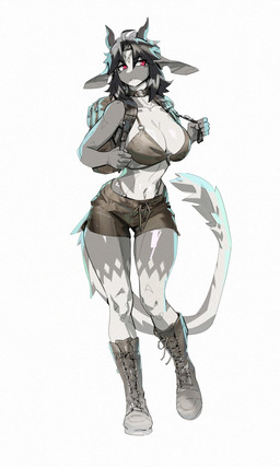 abs anthro backpack big_breasts bikini bikini_top black_hair boots bottomwear breasts clothing collar collarbone eyebrow_through_hair eyebrows eyelashes female footwear fur glistening glistening_breasts grey_body hair horn midriff navel non-mammal_breasts non-mammal_navel red_eyes shoes shorts solo swimwear thick_thighs thong_straps translucent translucent_hair two-piece_swimsuit white_body wide_hips jacksworks mythology chabett dragon furred_dragon furred_scalie mythological_creature mythological_scalie scalie wingless_dragon 2025 hi_res