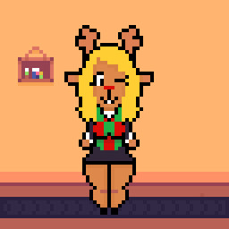 anthro antlers blonde_hair bottomwear breasts buckteeth clothed clothing female fur hair horn looking_at_viewer one_eye_closed red_nose skirt tan_body tan_fur teeth thick_thighs wink winking_at_viewer randomfun deltarune undertale_(series) noelle_holiday deer mammal new_world_deer reindeer 1:1 2026 digital_media_(artwork) pixel_(artwork)