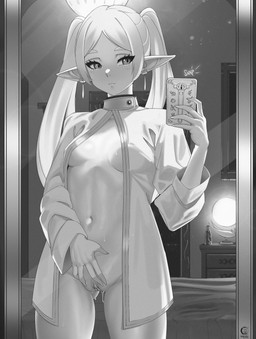 bedroom breasts butt butt_from_the_front cellphone clothing ear_piercing electronics eyebrows eyelashes female genitals hair holding_cellphone holding_object holding_phone holding_smartphone humanoid_pointy_ears inside long_hair looking_at_viewer mirror mirror_reflection mirror_selfie navel not_furry onomatopoeia phone piercing pointy_ears reflection selfie small_breasts smartphone solo sound_effects text twintails_(hairstyle) vulva windmill_(artist) frieren_beyond_journey's_end frieren elf humanoid 2024 absurd_res hi_res monochrome