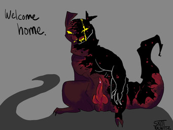 black_scar bodily_fluids eye_scar facial_scar feral genital_fluids genitals herm intersex knot knotted_penis looking_at_viewer penis precum red_body red_penis red_skin red_tail red_vulva scar solo tail teeth teeth_showing text torn_ear vulva yellow_eyes yellow_teeth snotrockettz rain_world videocult artificer_(rain_world) slugcat 4:3 english_text handwritten_text hi_res