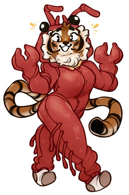 anthro big_breasts breasts button_(fastener) cheek_tuft clothed clothed_anthro clothed_female clothing costume curled_tail emanata facial_markings facial_tuft female female_anthro footwear fur head_markings lobster_costume long_tail markings neck_tuft open_mouth open_smile orange_body orange_fur orange_tail pose posed raised_hands red_costume simple_background smile socks solo striped_face striped_markings striped_tail stripes suit tail tail_markings tuft white_background highlandkall naomi_(highlandkall) aquatic arthropod crustacean decapod felid lobster malacostracan mammal pantherine tiger 2023 colored digital_drawing_(artwork) digital_media_(artwork) hi_res