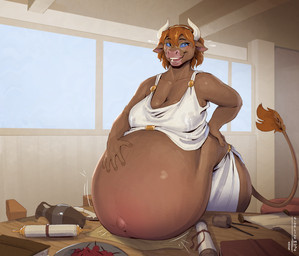 anthro belly big_belly biped blue_eyes breasts clothed clothing detailed_background female fingers furniture huge_belly hyper hyper_belly hyper_pregnancy inside looking_at_viewer pregnant pupils smile standing table tail thick_thighs white_clothing mainlinemojo european_mythology greek_mythology mythology korinna_avarta bovid bovine mammal minotaur 2025 absurd_res hi_res