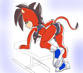 anthro bent_over breasts brown_hair butt clothing exercise female footwear green_eyes hair looking_back red_body shoes sneakers solo sportswear under_boob workout fourssss sega sonic_the_hedgehog_(series) fan_character sheila_the_lion felid lion mammal pantherine hi_res