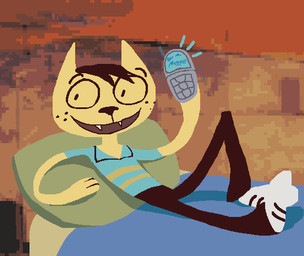 anthro bed bed_sheet bedding bedroom blue_clothing blue_sheets blue_shirt blue_topwear bottomwear brown_bottomwear brown_clothing brown_hair brown_pants clothed clothing cute_fangs electronics fangs footwear freckled_face freckles fur furniture green_pillow hair laying_on_pillow lying lying_on_bed male on_back on_bed open_mouth pants pattern_clothing pattern_shirt pattern_topwear paws phone pillow raised_leg shirt shoes simple_background skinny smile solo striped_clothing striped_shirt striped_topwear stripes teeth toony topwear white_clothing white_footwear white_shoes yellow_body yellow_eyes yellow_fur alexis_wasilla a_kitty_bobo_show cartoon_network kitty_bobo domestic_cat felid feline felis mammal digital_drawing_(artwork) digital_media_(artwork) lineless microsoft_paint_(artwork) photo_manipulation shaded
