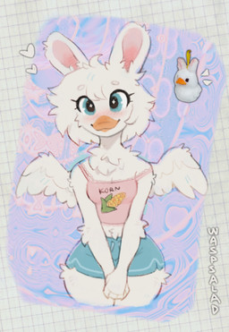 abstract_background alternate_species anthro anthrofied beak biped blue_eyes blush bottomwear breasts clothed clothed_anthro clothed_female clothing crop_top cropped_tank_top feathers female fingers front_view fully_clothed fully_clothed_anthro fully_clothed_female fur furrification hair looking_at_viewer midriff reference_inset shirt shorts simple_background smile solo topwear white_body white_feathers white_hair wings waspsalad anatid anseriform avian bird duck hybrid lagomorph leporid mammal rabbit 2026 digital_drawing_(artwork) digital_media_(artwork) hi_res reference_image