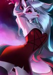 anthro blep canid canid_demon canine canis canon_conforming_body_shape clothed clothing cocktail_dress collar demon domestic_dog dutch_angle female grey_body grey_hair hair hellhound helluva_boss hi_res husky hybrid looking_at_viewer loona_(helluva_boss) low-angle_view mammal mythological_canine mythological_creature mythology nordic_sled_dog panties portrait red_eyes roksanadiamond seductive solo spiked_collar spikes spitz three-quarter_portrait tongue tongue_out underwear upskirt wolf