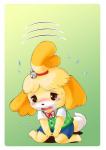 animal_crossing bell blonde_hair bodily_fluids canid canine canis clothing crying domestic_dog edmol female fluffy fluffy_ears fluffy_tail fur green_background hair isabelle_(animal_crossing) mammal nintendo open_mouth orange_hair sad shih_tzu simple_background sitting solo sweat tail tears tf_into_fictional_character toy_dog transformation white_body white_fur yellow_body yellow_fur