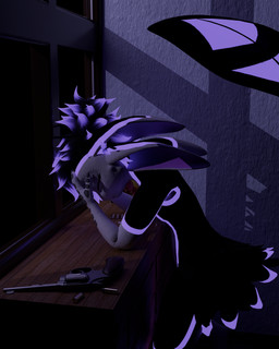 4_ears ambiguous_gender anthro black_body black_feathers black_fur bullet claws countershade_accent dresser drugs feathers feet fingers fur furniture grey_claws gun hair kita'vali multi_ear night pattern_background piercing pills purple_eyes ranged_weapon sad simple_background solo tail toes wall_(structure) weapon white_body white_feathers white_fur window staticalowo avali 3d_(artwork) 4:5 absurd_res digital_media_(artwork) hi_res