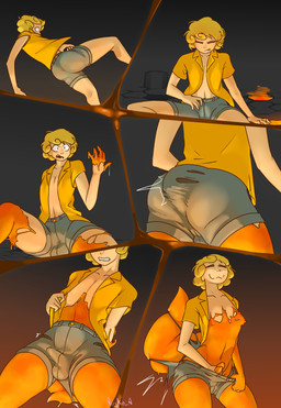 becoming_erect bite biting_lip blonde_hair bottomwear bulge clothing erection genitals goo_drip goo_string goo_transformation green_bottomwear green_clothing green_shorts growth hair lava looking_pleasured male masturbation penile penile_masturbation penis penis_grab shirt shorts slime solo species_transformation surprised tail tail_growth topwear torn_clothing transformation yellow_clothing yellow_shirt yellow_topwear aujko changed_(video_game) anonymous_character human mammal absurd_res comic hi_res