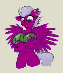 anthro ear_piercing ear_ring facial_piercing feathered_wings feathers female flesh_tunnel food fruit gauged_ear genitals green_eyes grey_hair hair humor lip_piercing melon navel nude piercing plant purple_body purple_wings ring_piercing simple_background smile solo vulva watermelon white_background wings marsminer hasbro my_little_pony mythology melon_frost equid equine mammal mythological_creature mythological_equine pegasus 2017