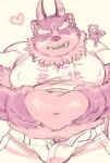 3_eyes 4_ears anthro belly bottomwear clothing duo heart_symbol male multi_ear multi_eye navel obese overweight overweight_male shirt shorts smile topwear kijima222 lifewonders tokyo_afterschool_summoners tsathoggua_(cthulhu) tsathoggua_(tas) canid canine goo_creature mammal