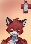 anthro fur hazzy_(kaiju_paradise) hi_res hybrid kaiju_paradise looking_at_viewer male red_body red_fur roblox sanokiro sharp_teeth simple_background smug smug_grin solo teeth