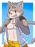 anthro bare_chest blush bottomwear clothing fur grey_body grey_fur grin male navel red_eyes shorts smile solo young kemonotoko3 lifewonders tokyo_afterschool_summoners sitri_(tas) domestic_cat felid feline felis mammal 3:4 hi_res