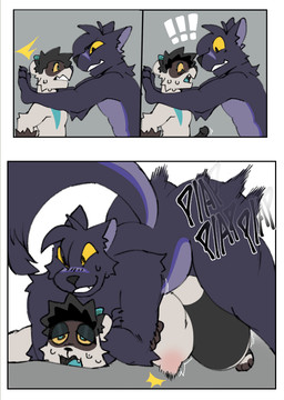 3_panel_comic abdominal_bulge anthro black_hair bodily_fluids doggystyle duo erection exclamation_point from_behind_position genitals hair heart_eyes heart_symbol horn intimidation male male/male motion_lines penis plap sex size_difference surprised sweat sweatdrop unexpected_erection yellow_sclera knightferret blukodi knight_(knightferret) canid canine canis domestic_ferret mammal mustelid musteline true_musteline weasel wolf 2025 colored comic digital_media_(artwork) hi_res