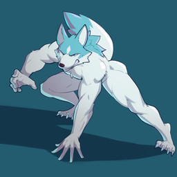4_toes 5_fingers anthro blue_body blue_fur butt claws clenched_teeth feet fingers fur male muscular muscular_anthro muscular_male nude simple_background solo teeth toe_claws toes white_body white_fur jrjresq brand_new_animal studio_trigger shirou_ogami canid canine canis mammal wolf 1:1 2022 hi_res