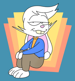 anthro blue_clothing blue_shirt blue_topwear bottomwear breasts brown_bottomwear brown_clothing brown_pants buckteeth cheek_tuft clothed clothing ears_back eyebrows facial_tuft feet female fur geometric_background hair half-closed_eyes hands_on_knees hands_on_legs head_tuft hindpaw looking_at_viewer narrowed_eyes pants paws pink_nose pivoted_ears rabbit_ears scut_tail shirt short_tail simple_background sitting smile solo tail teeth topwear tuft white_body white_ears white_face white_fur white_paws yellow_clothing yellow_shirt yellow_teeth yellow_topwear rumcoat dell_(stone_avenue) lagomorph leporid mammal rabbit digital_drawing_(artwork) digital_media_(artwork) full-length_portrait hi_res portrait