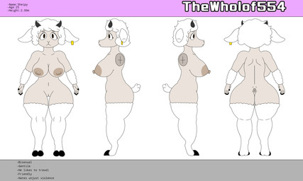 anthro black_horn brown_eyes female fur genitals horn nude nude_female solo vulva white_body white_fur white_wool wool_(fur) wool_hair thewholof554 sheipy_(thewholof554) bovid caprine mammal sheep absurd_res hi_res model_sheet