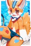 anthro blush bodily_fluids body_blush brown_eyes bulge clothed clothing clothing_pull crotch_tuft cute_fangs ear_tuft eyebrows eyewear fangs fluffy fluffy_tail fur glistening goggles kemono looking_at_viewer male markings multicolored_body multicolored_fur neck_tuft open_mouth orange_body orange_fur orange_tail poolside pupils red_eyebrows sitting solo speedo speedo_pull sweat swimming_goggles swimwear tail teeth topless tuft two_tone_body two_tone_fur two_tone_tail water white_body white_fur young young_anthro young_male dinogaize unknown_species 2021 2:3