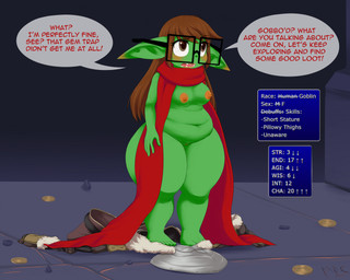 after_transformation blush breasts brown_hair eyewear female gameplay_mechanics genitals glasses green_body hair looking_up mind_control nipples not_furry oblivious rectangular_glasses red_scarf scarf slightly_chubby solo standing tongue vulva mentalcrash goblin humanoid 2023 hi_res