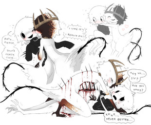 ^_^ ambiguous_anthro ambiguous_gender anthro arm_grab black_clothing black_collar black_eyes black_shirt black_spikes black_tail black_topwear blood blush bodily_fluids brown_crown clothing collar crown digitigrade duo eyes_closed feathers gloves_(marking) gore hair headgear heart_symbol hug intimate leaning leaning_forward leg_markings lying male male_anthro markings multiple_angles nervous nervous_sweat on_back one_eye_closed shirt simple_background smile socks_(marking) speech_bubble spikes spikes_(anatomy) stab sweat tail text topwear white_background white_body white_feathers white_hair worried jejejunum ember_(jejejunum) hellmouth_(jejejunum) jejunum_(jejejunum) avian demon fraid_(species) 2026 digital_media_(artwork) english_text firealpaca_(artwork) hi_res