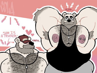 anthro areola arm_hair armpit_hair barbell_piercing beard belly belly_hair biceps big_belly big_nipples body_hair bottomwear chest_hair clothing dialogue eyebrows eyes_closed eyewear facial_hair fur glasses grey_hair hair hands_behind_head hat hat_covering_eyes hat_over_eyes headgear headwear jewelry male musclegut muscular muscular_anthro muscular_male mustache necklace nipple_dip nipple_piercing nipples overweight overweight_anthro overweight_male pants pecs piercing raised_arms samuel_(crococola) shirt solo sweatpants tank_top text thick_eyebrows topwear trapezius white_body white_fur crococola bear mammal polar_bear ursine 4:3
