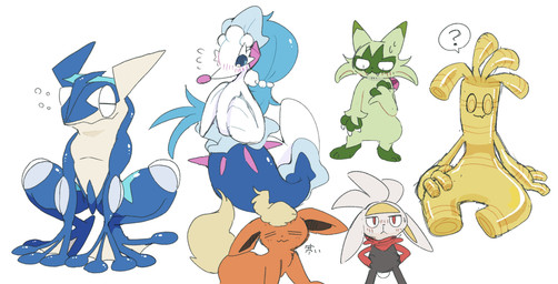 ambiguous_gender anthro blue_body blush blush_lines claws cute_fangs fangs feral fur green_body green_ears green_fur group red_body red_ears red_fur simple_background teeth text white_background white_body white_ears white_fur yellow_body winte nintendo pokemon eeveelution flareon floragato generation_1_pokemon generation_6_pokemon generation_7_pokemon generation_8_pokemon generation_9_pokemon gholdengo greninja pokemon_(species) primarina raboot 2026 absurd_res hi_res japanese_text translated