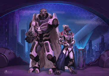 2_toes 3_toes amputee anthro arm_feathers arm_tuft armor beak cape city city_background clothing disability duo facial_scar feather_hair feathered_crest feathers feet female full_armor green_eyes hand_on_hip head_crest headgear helmet holding_armor holding_headgear holding_helmet holding_object larger_male male mandibles missing_arm orange_eyes pseudo_hair scar sharp_teeth size_difference smaller_anthro smaller_female standing teeth toes tuft white_body white_feathers hamsteria halo_(series) microsoft xbox_game_studios alien avian kig-yar sangheili scalie t'vaoan colored hi_res