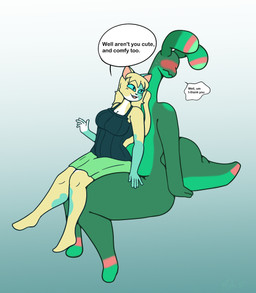 anthro blush clothed clothing dominant dominant_female duo female long_neck male male/female on_lap shy simple_background sitting_on_lap tail thick_tail thick_thighs timid tyler_3d_(artist) tyler_(the_sea_slug) aquatic aquatic_gastropod domestic_cat felid feline felis gastropod humanoid mammal mollusk sea_slug slug absurd_res hi_res