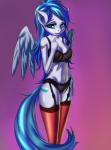 anthro blue_background blue_hair blue_tail bra breasts clothed clothing feathered_wings feathers female hair highs legwear long_hair red_clothing red_legwear red_stockings simple_background solo standing stockings tail underwear wings prisma6 friendship_is_magic hasbro my_little_pony mythology equid equine mammal mythological_creature mythological_equine pegasus hi_res portrait three-quarter_portrait