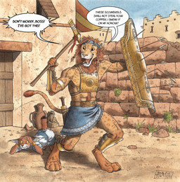 anthro armor arrow_(weapon) axe biped black_body black_fur breastplate bronze_(metal) bronze_age brown_body brown_fur cowering detailed_background duo fangs fur greaves holding_axe holding_object holding_shield male multicolored_body multicolored_fur open_mouth open_smile orange_eyes outside ranged_weapon scared shield smile tail tail_tuft tan_body tan_fur teeth tuft wall_(structure) weapon wounded yellow_eyes 0laffson caracal caracal_(genus) felid feline lion mammal pantherine 2025 hi_res traditional_media_(artwork)