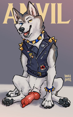 animal_genitalia animal_penis blue_body blue_eyes blue_fur canine_genitalia canine_penis clothed clothed_feral clothing collar erection feral fur genitals grey_body grey_fur heterochromia jacket knot leather leather_clothing leather_jacket leather_topwear male pawpads paws penis quadruped sheath sitting solo spiked_collar spikes tongue topwear yellow_eyes hakudoge anvil_(hakudoge) canid canine canis domestic_dog husky mammal nordic_sled_dog spitz absurd_res hi_res