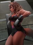abs anthro boxing_gloves bra breasts canid canine canis cleavage clothed clothing ear_tuft female fighting_ring fur hair handwear hi_res korigahaku leaning looking_at_viewer mammal muscular muscular_female solo sports_bra tani_rinkan tuft underwear wolf
