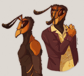 antennae_(anatomy) anthro black_body black_exoskeleton blazer claws clothed clothing collared_shirt compound_eyes exoskeleton finger_claws grey_background male mandibles multiple_poses orange_body orange_exoskeleton pose shirt simple_background solo topwear yellow_clothing yellow_shirt yellow_topwear gunwasp arthropod asian_hornet hornet hymenopteran insect vespid wasp 2025 clip_studio_paint_(artwork) digital_drawing_(artwork) digital_media_(artwork) half-length_portrait portrait shaded female_(lore)