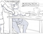 5:4 anthro breasts camel_toe canid canine clothed clothing comic dialogue duo english_text faf fafcomics female food fox furniture greyscale hetty_(faf) mammal monochrome obese overweight panties sitting table text underwear