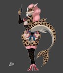 amber_eyes anthro big_breasts big_butt big_tail bra breasts butt clothing female footwear grey_hair gun hair high_heels highlights_(coloring) huge_breasts huge_butt legwear leopard_spots lingerie pink_hair ranged_weapon shoes skimpy_bikini solo spots stockings tail underwear weapon milfshake rika_musashi fish ground_shark leopard_shark marine shark triakid hi_res