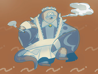 anthro cigarette clothed clothing crossdressing flat_body grey_body maid_uniform male smoking solo uniform saba_subdup nintendo splatoon big_man_(splatoon) aquatic fish manta_ray ray_(fish) stingray hi_res
