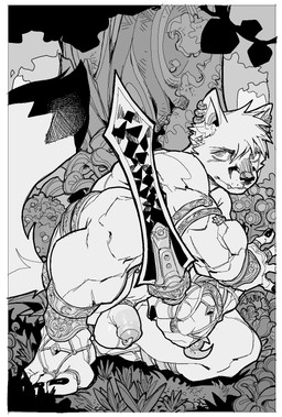 5_fingers accessory anthro arm_ring armor balls border bracers cock_ring digit_ring ear_piercing ear_ring feet finger_ring fingers flaccid forest furgonomics genital_piercing genitals grass greaves holding_melee_weapon holding_object holding_sword holding_weapon humanoid_genitalia humanoid_penis jewelry kneeling male melee_weapon on_one_knee penis penis_accessory penis_jewelry penis_piercing piercing plant prince_albert_piercing ring ring_piercing serious solo sword tail tail_accessory tail_jewelry tail_ring thigh_ring three-quarter_view toe_ring toes tree weapon white_border nsfuwu4 canid canine canis fox mammal hi_res monochrome