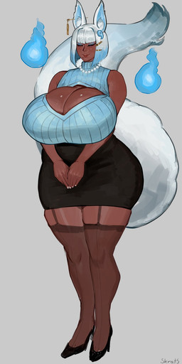 big_breasts blue_hair bottomwear breasts brown_body brown_skin cleavage cleavage_cutout clothed clothing cutout eyes_closed feet female footwear foxfire front_view gem hair high_heels huge_breasts humanoid_feet humanoid_hands jewelry keyhole_turtleneck legwear mature_female mature_humanoid necklace pearl_(gem) pearl_necklace pencil_skirt plantigrade shoes skirt smile solo standing stockings sweater three-quarter_view topwear turtleneck white_hair skrats esunami animal_humanoid canid canid_humanoid canine canine_humanoid fox fox_humanoid fox_spirit humanoid mammal mammal_humanoid full-length_portrait hi_res portrait