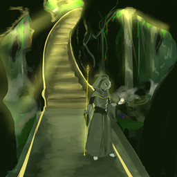 2_horns anthro biped clothed clothing eyebrows fur grey_body grey_fur grey_hair hair holding_object holding_staff horn inside looking_at_object magic magic_user male robe short_hair solo staff standing water crackers_(artist) bovid caprine goat mammal 1:1 2026 hi_res